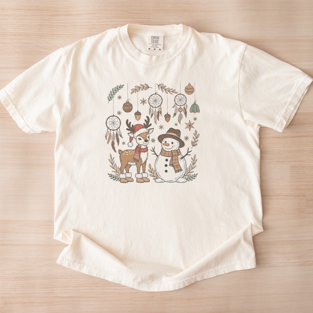 Boho Deer and Snowman Among Dream Catchers Christmas Tee